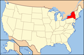 Map of the United States of America USA showing the location of New York State.